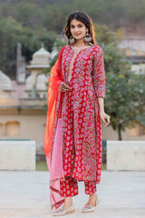 Red Floral Print Thread Work Pure Cotton Kurta Set