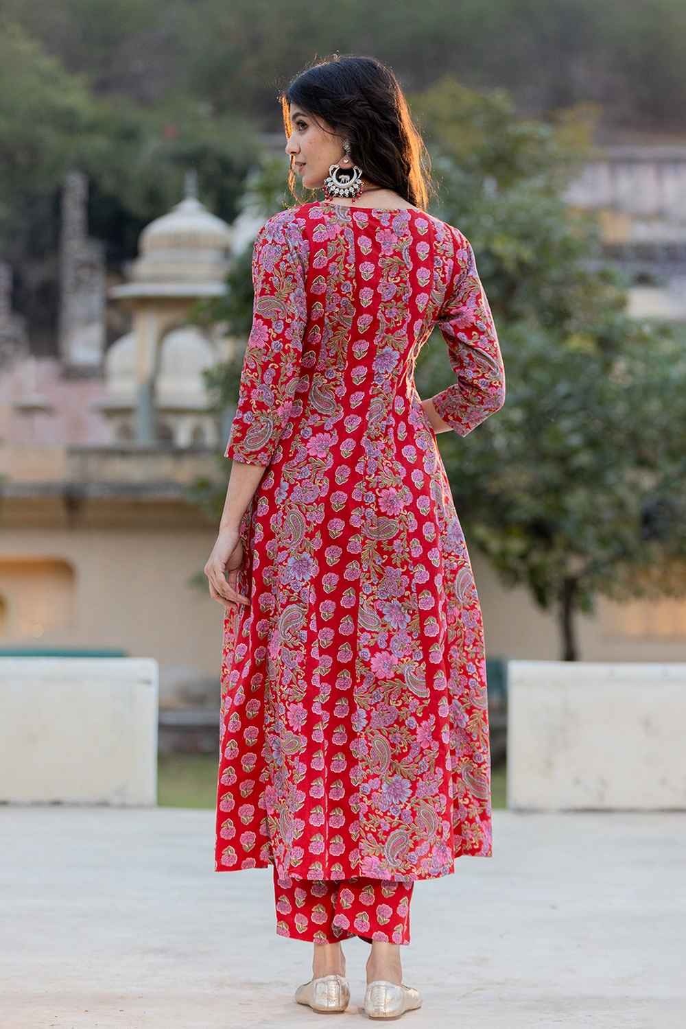 Red Floral Print Thread Work Pure Cotton Kurta Set