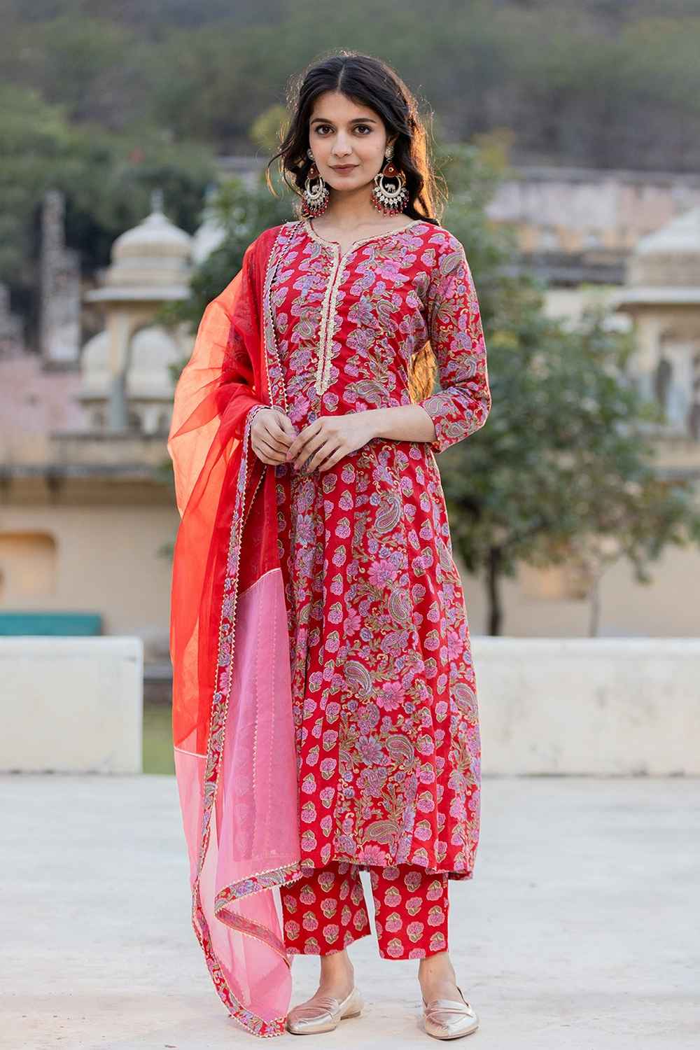 Red Floral Print Thread Work Pure Cotton Kurta Set