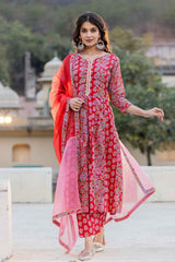 Red Floral Print Thread Work Pure Cotton Kurta Set