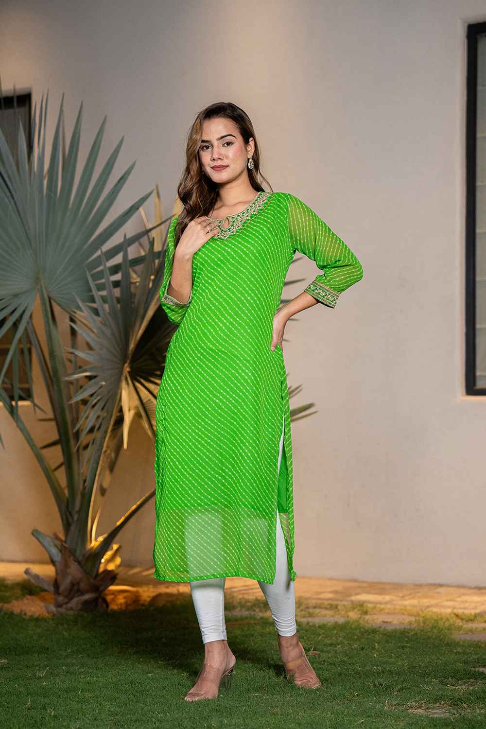 Green Leheriya Sequins Work Georgette Kurti