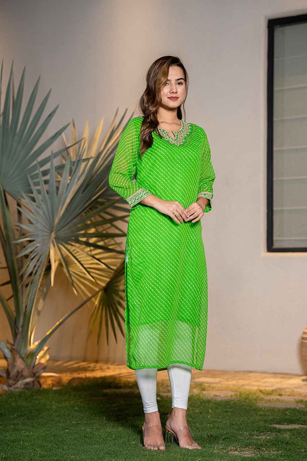 Green Leheriya Sequins Work Georgette Kurti