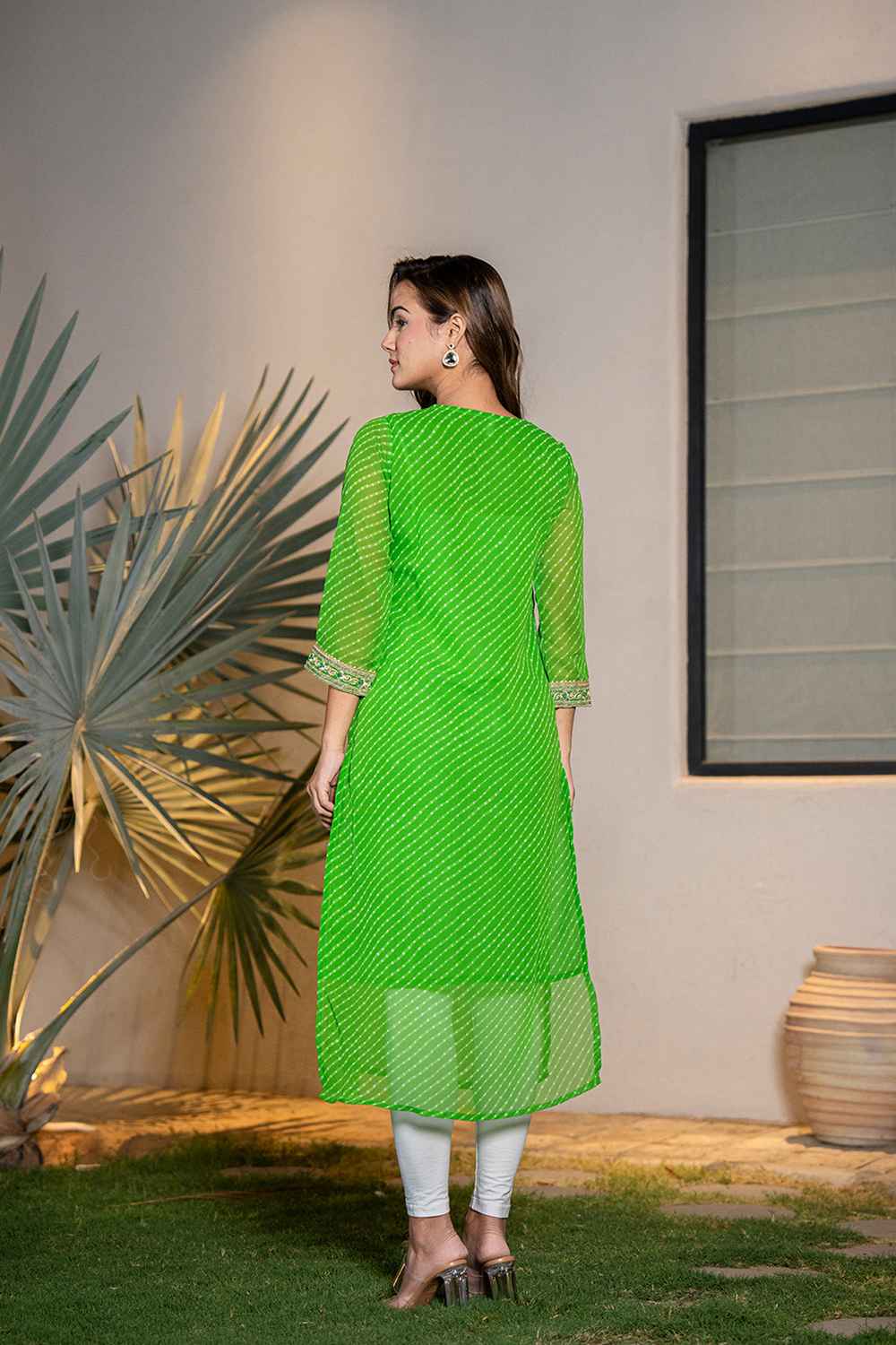 Green Leheriya Sequins Work Georgette Kurti