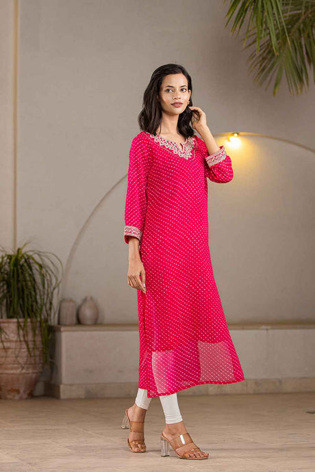 Pink Leheriya Sequins Work Georgette Kurti