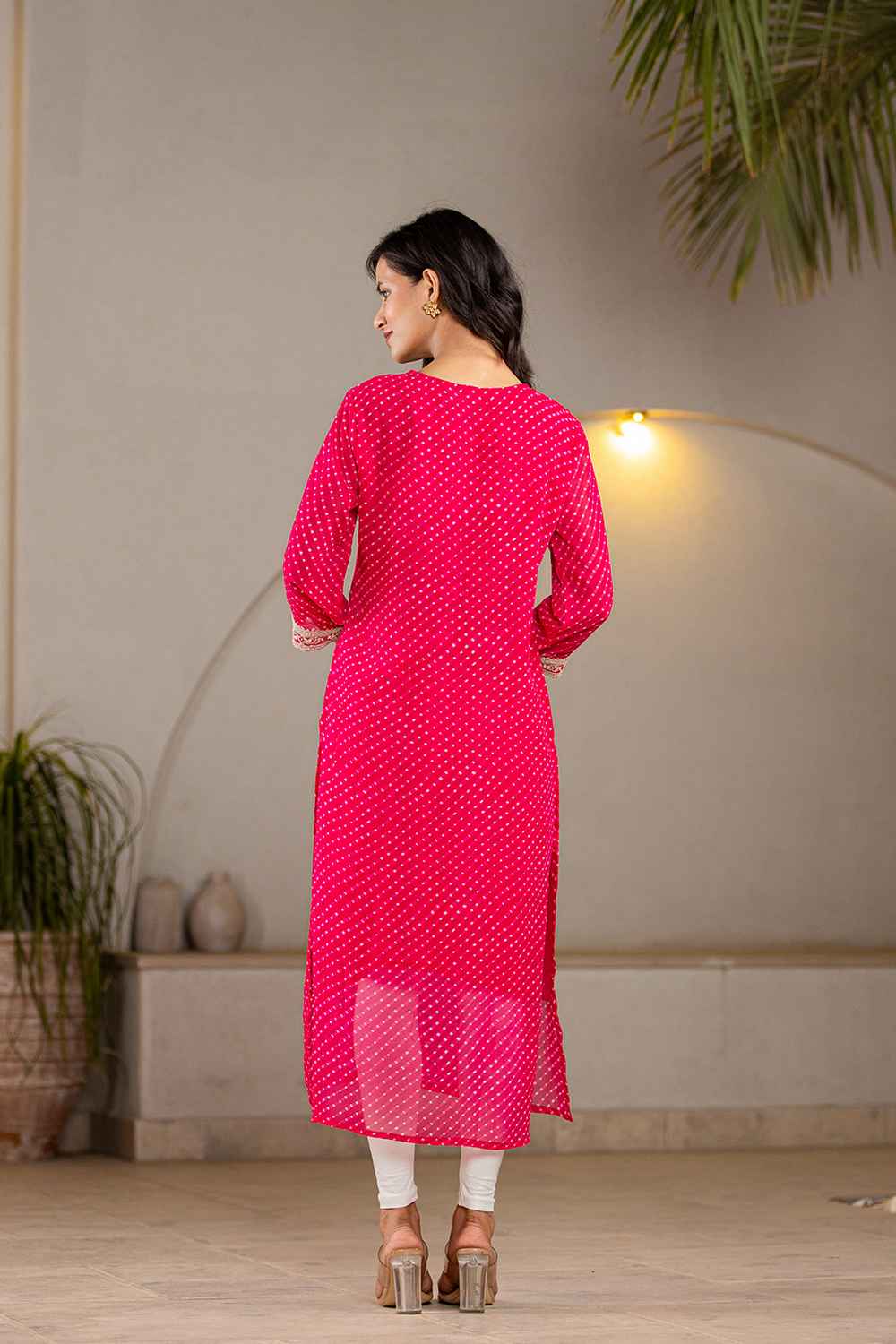 Pink Leheriya Sequins Work Georgette Kurti