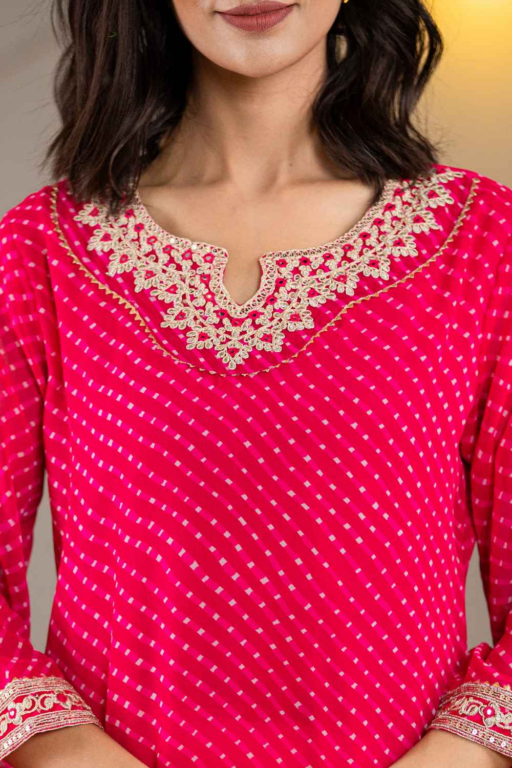 Pink Leheriya Sequins Work Georgette Kurti