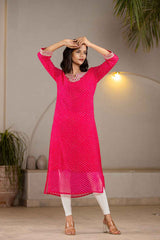 Pink Leheriya Sequins Work Georgette Kurti