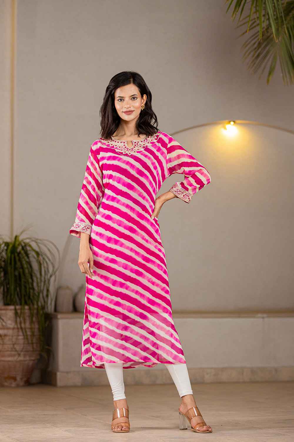 Pink Leheriya Sequins Work Georgette Kurti