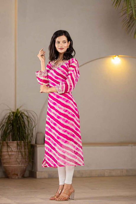 Pink Leheriya Sequins Work Georgette Kurti