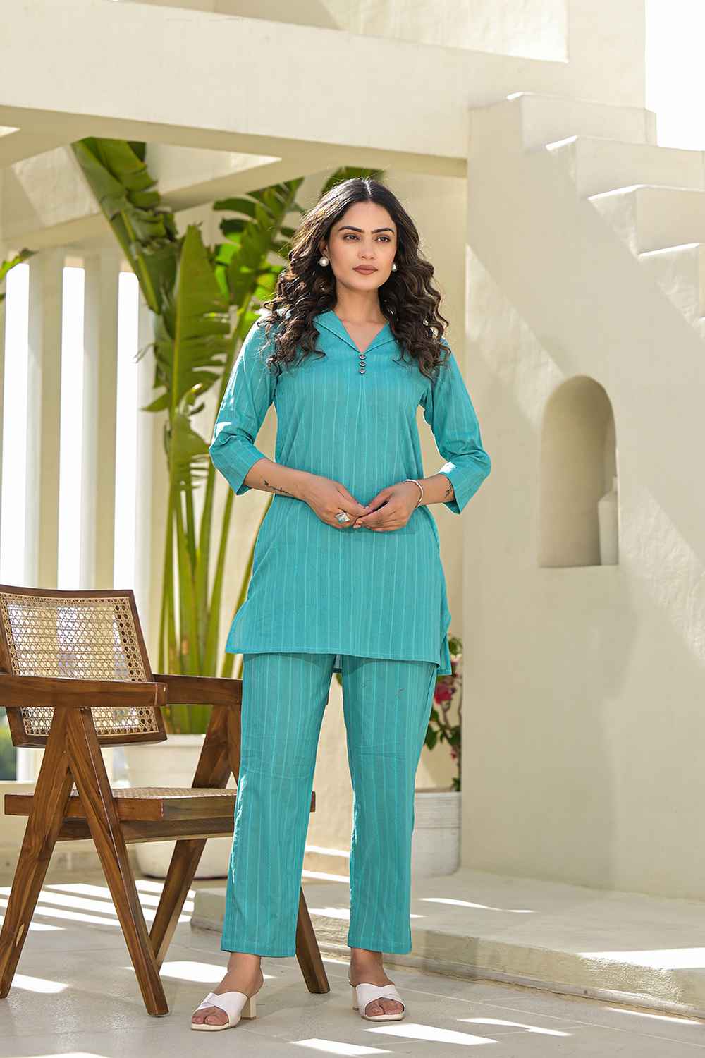 Turquoise Striped Cotton Co-Ord Sets