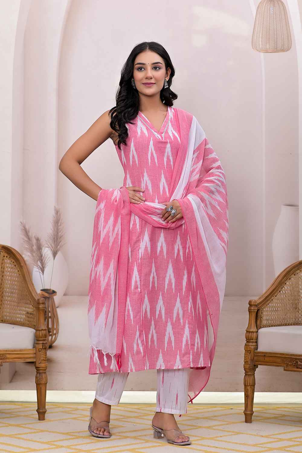 Pink Ikat Print Pure Cotton Kurti Set