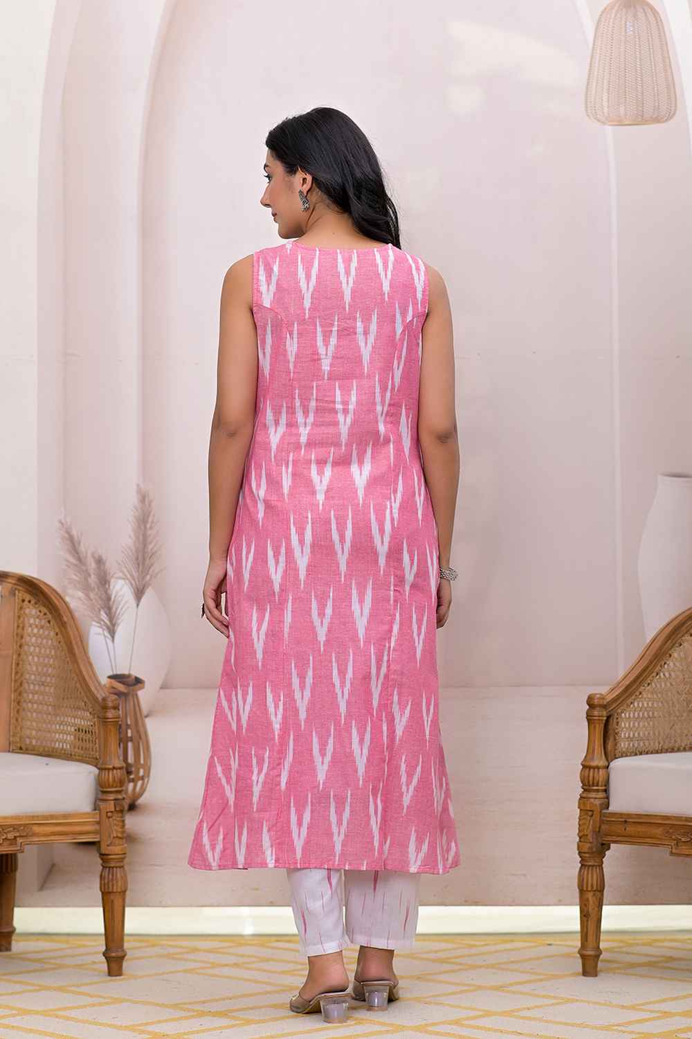 Pink Ikat Print Pure Cotton Kurti Set