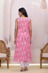 Pink Ikat Print Pure Cotton Kurta Set