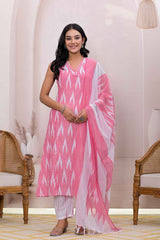 Pink Ikat Print Pure Cotton Kurta Set