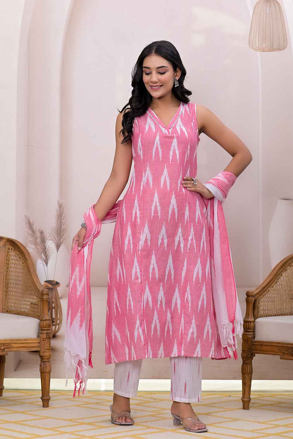 Pink Ikat Print Pure Cotton Kurti Set