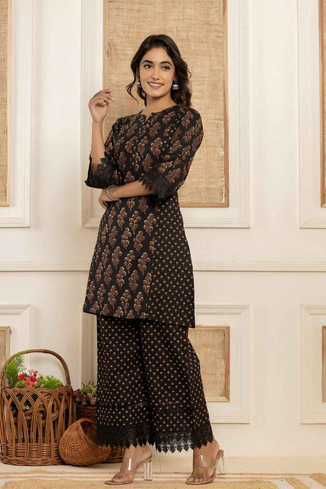 Black Ethnic Motifs Cotton Co-Ord Sets