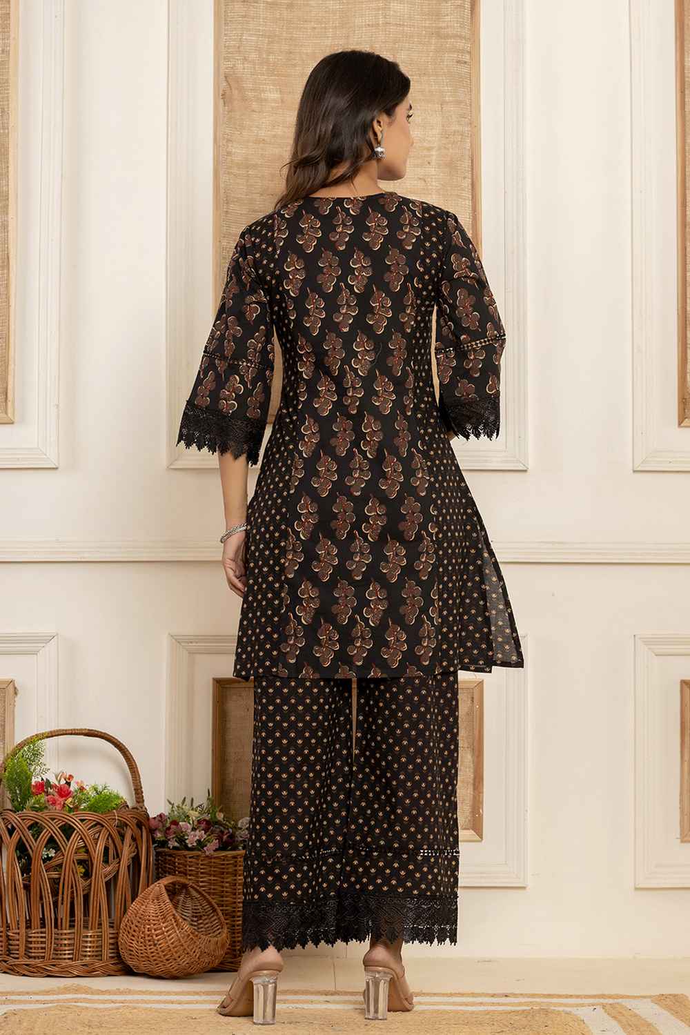 Black Ethnic Motifs Cotton Co-Ord Sets