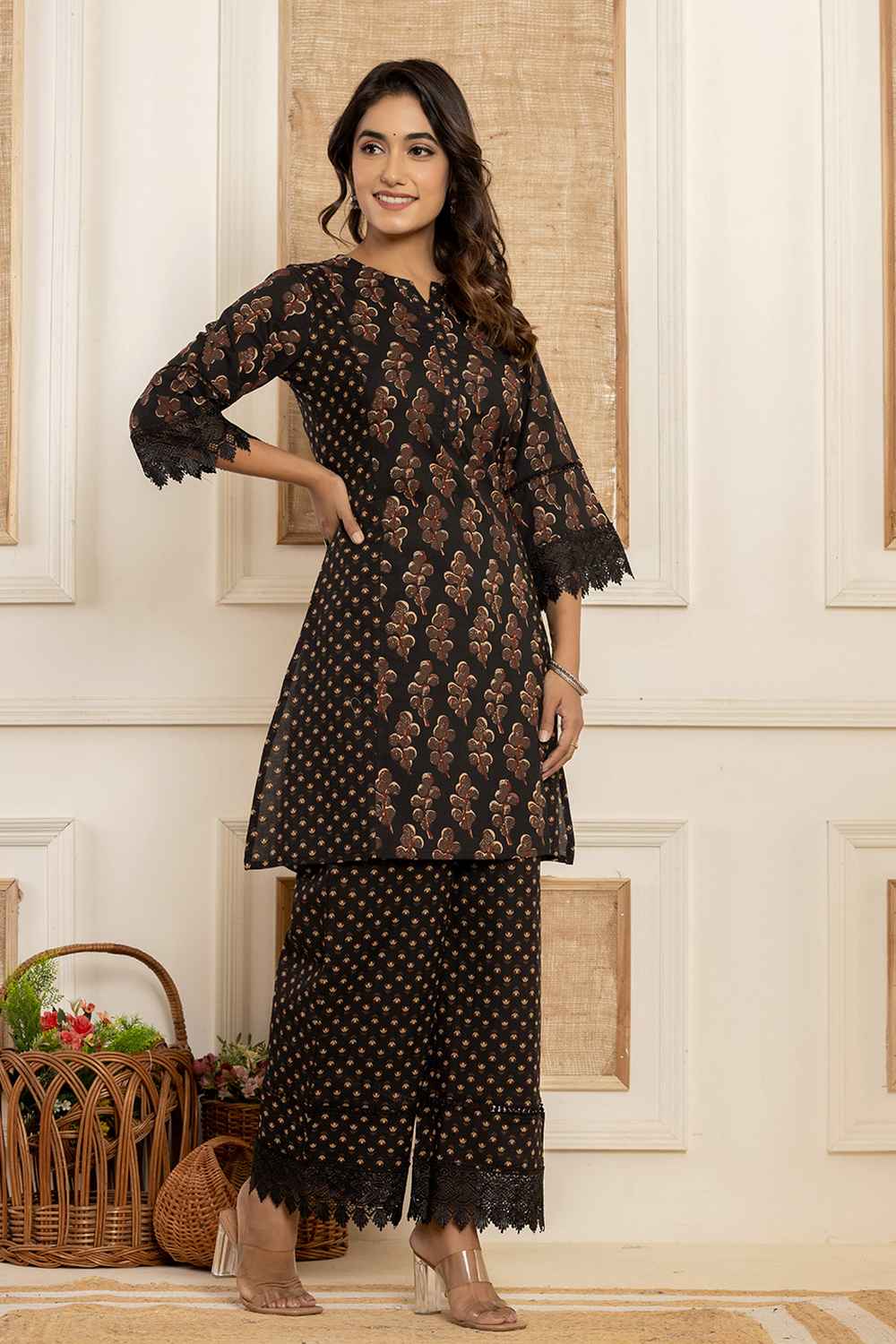 Black Ethnic Motifs Cotton Co-Ord Sets