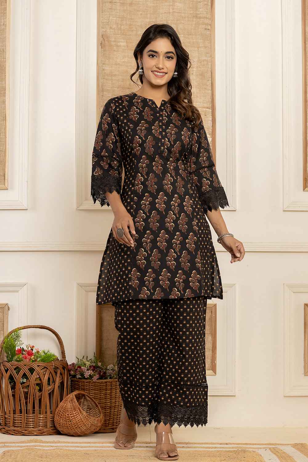 Black Ethnic Motifs Cotton Co-Ord Sets