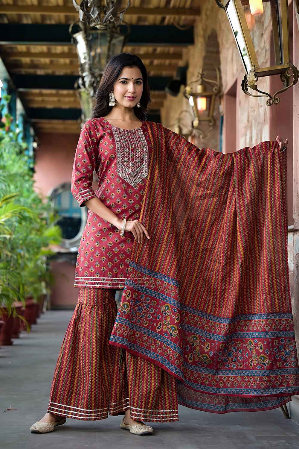 Red Floral Print Sequins Work Pure Cotton Kurta Set