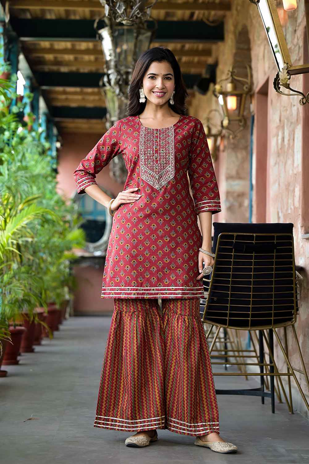 Red Floral Print Sequins Work Pure Cotton Kurta Set