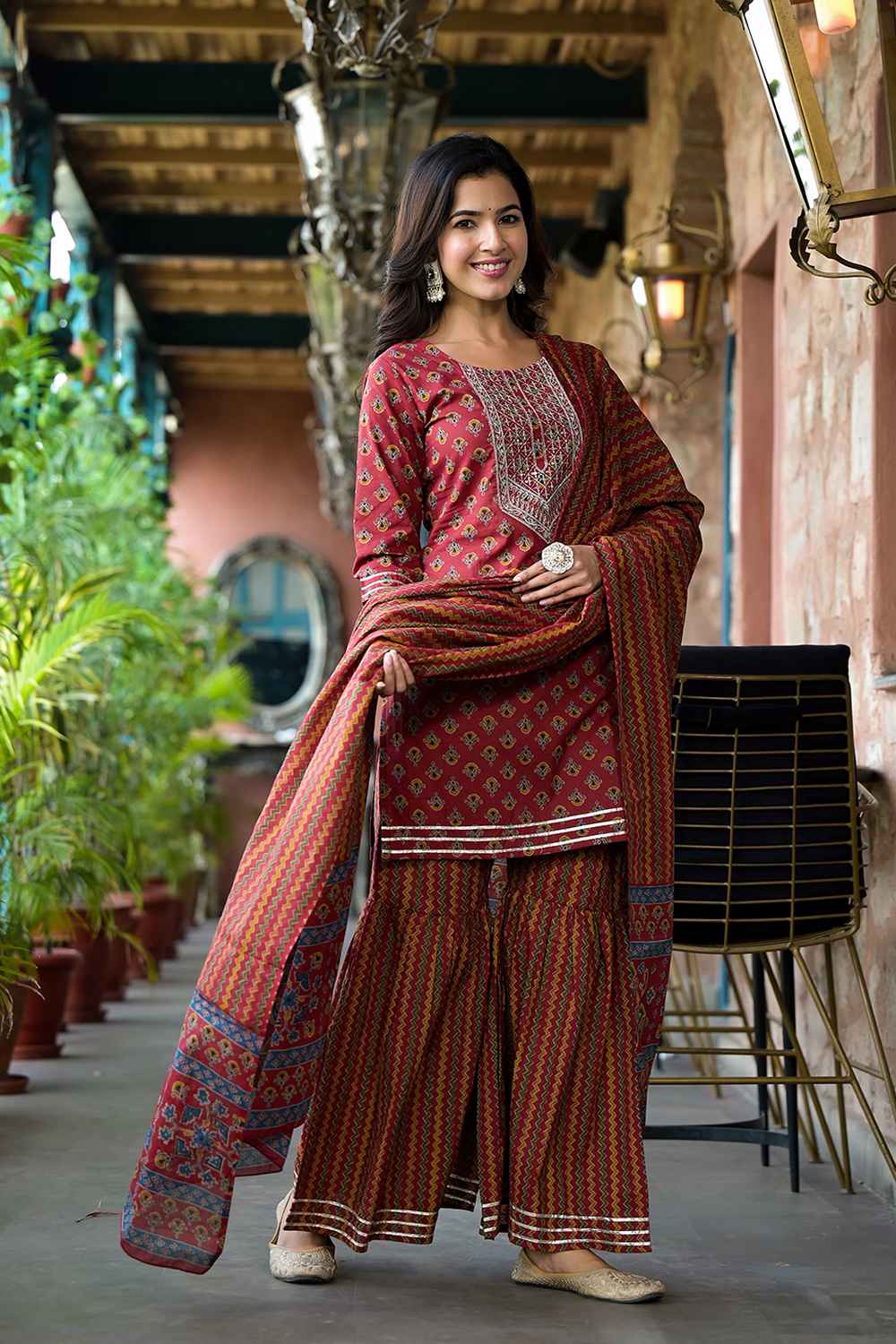 Red Floral Print Sequins Work Pure Cotton Kurta Set