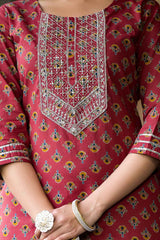 Red Floral Print Sequins Work Pure Cotton Kurta Set