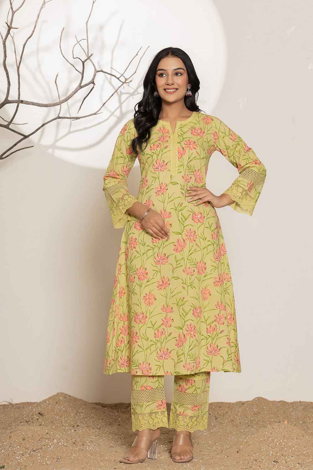 Green Floral Print Pure Cotton Kurta Set