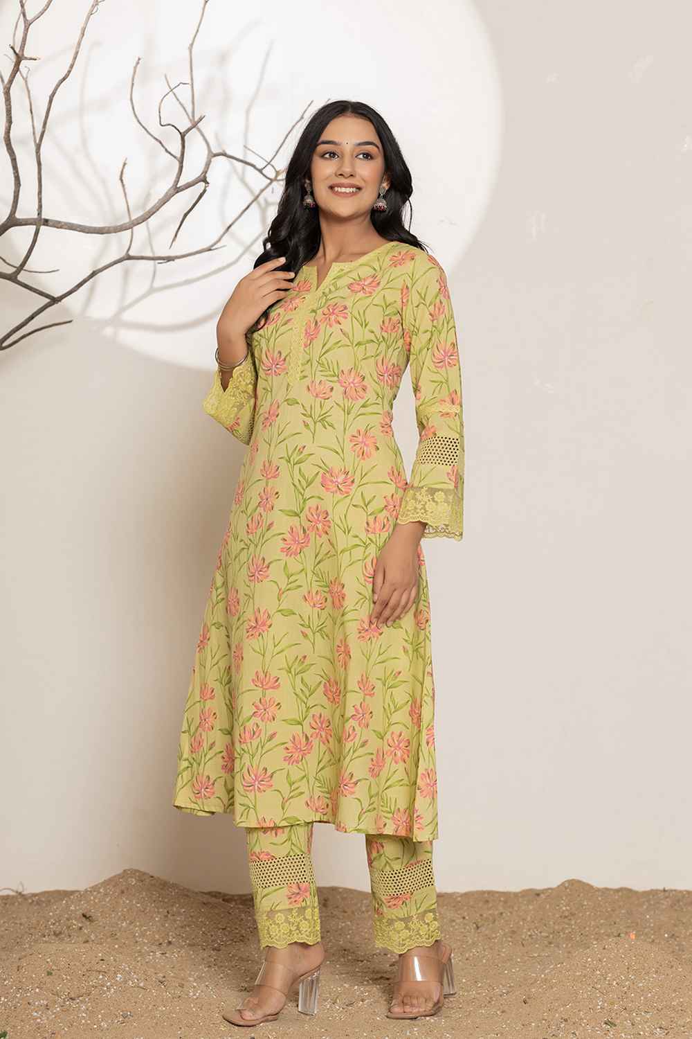 Green Floral Print Pure Cotton Kurti Set