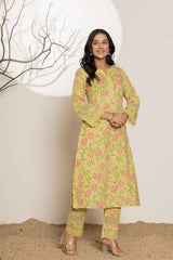 Green Floral Print Pure Cotton Kurti Set