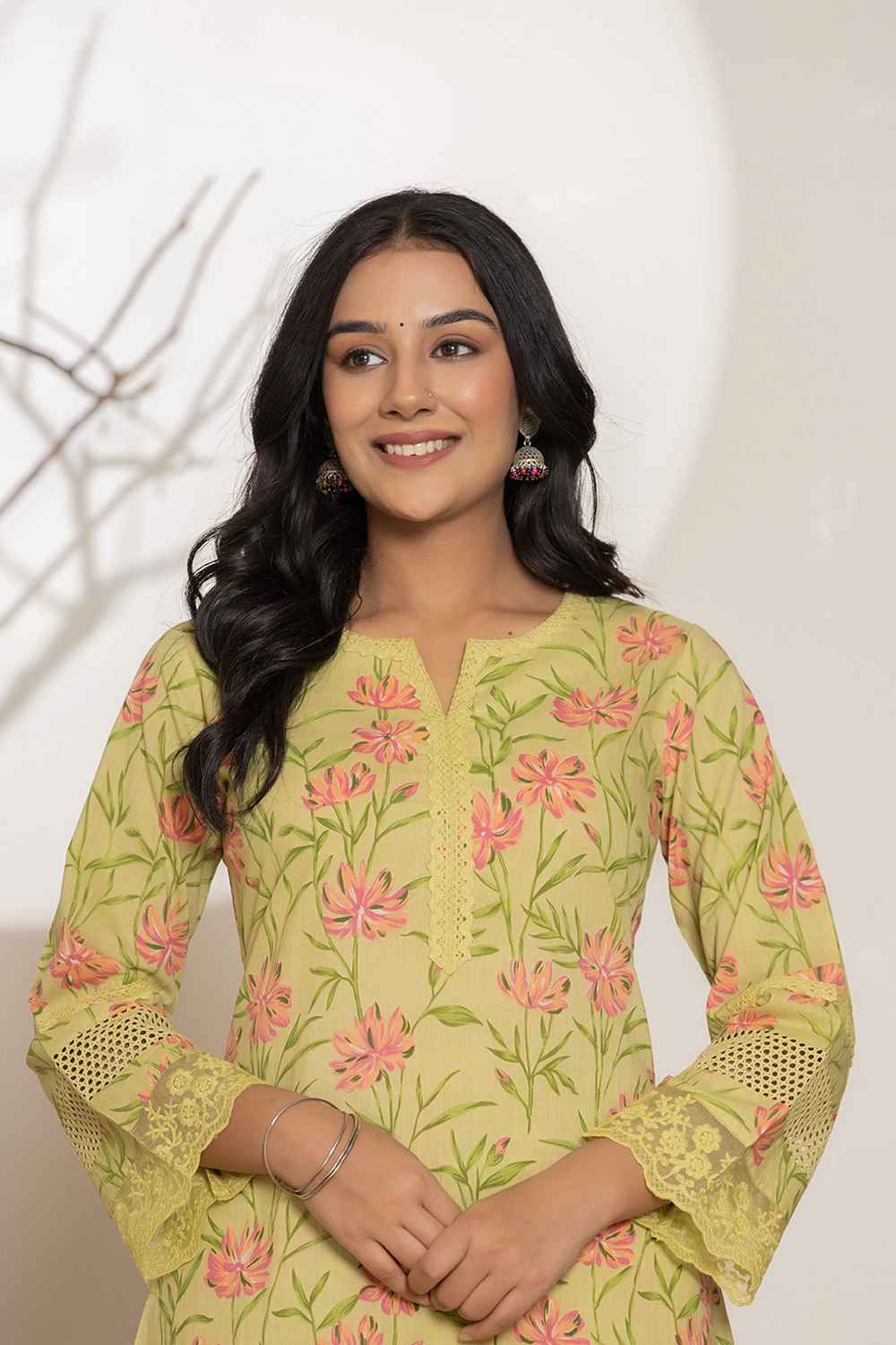 Green Floral Print Pure Cotton Kurta Set