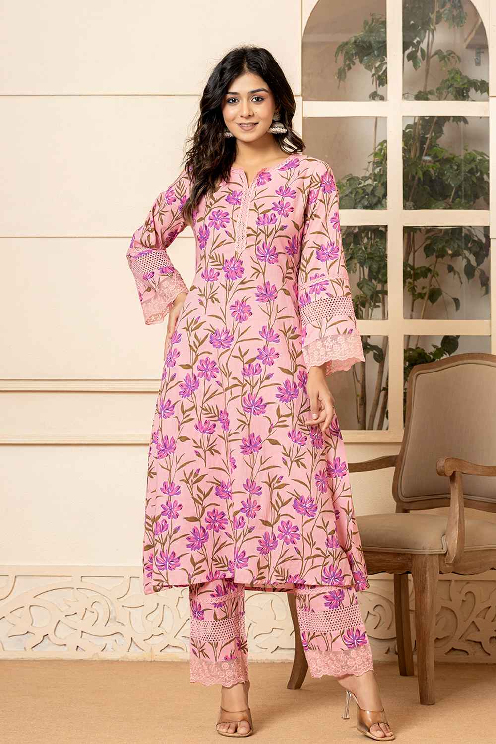 Pink Floral Print Pure Cotton Kurta Set