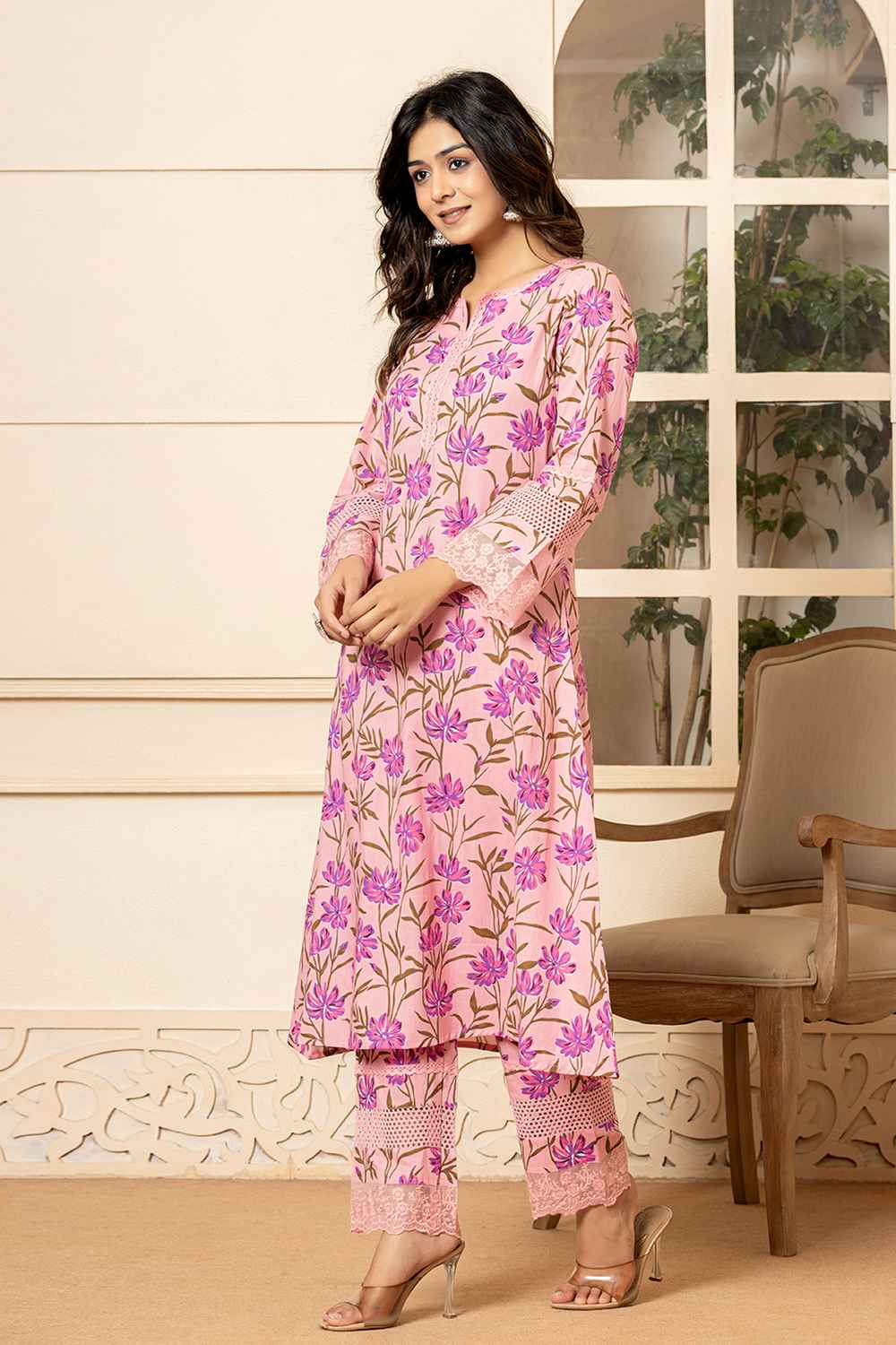 Pink Floral Print Pure Cotton Kurti Set