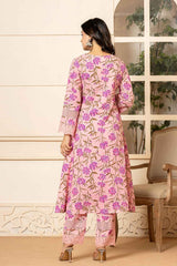 Pink Floral Print Pure Cotton Kurti Set