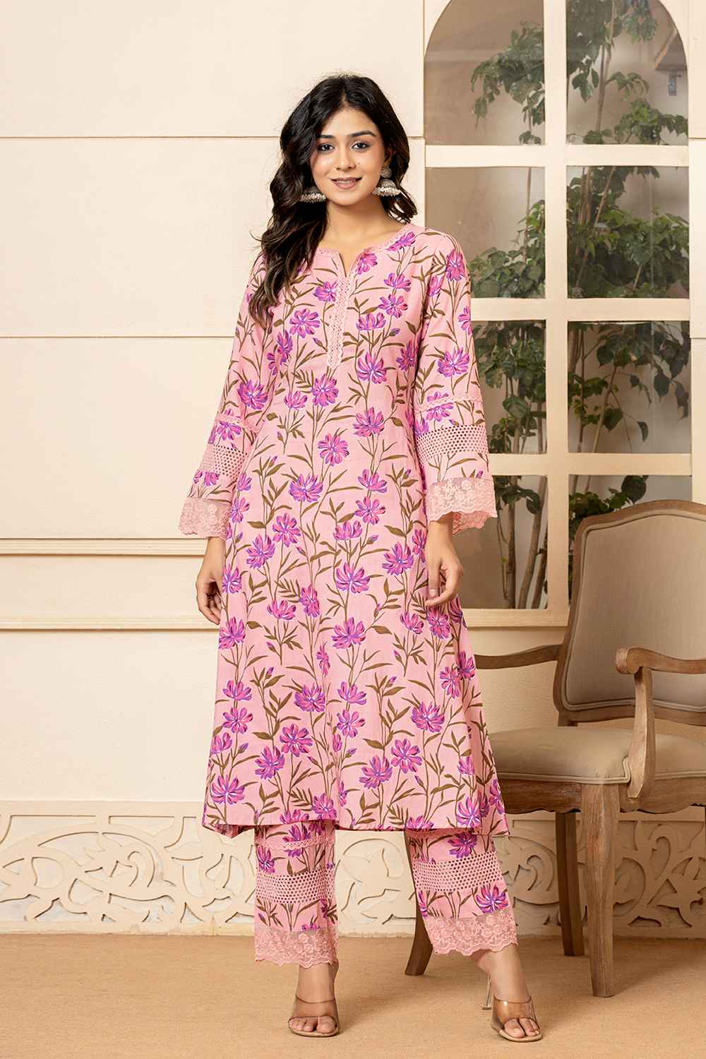 Pink Floral Print Pure Cotton Kurta Set