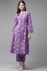 Violet Floral Print Pure Cotton Kurta Set