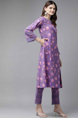 Violet Floral Print Pure Cotton Kurti Set