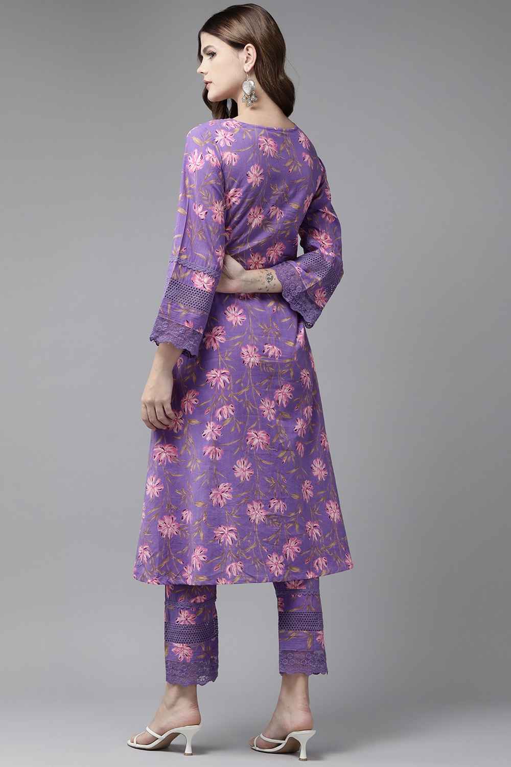 Violet Floral Print Pure Cotton Kurta Set