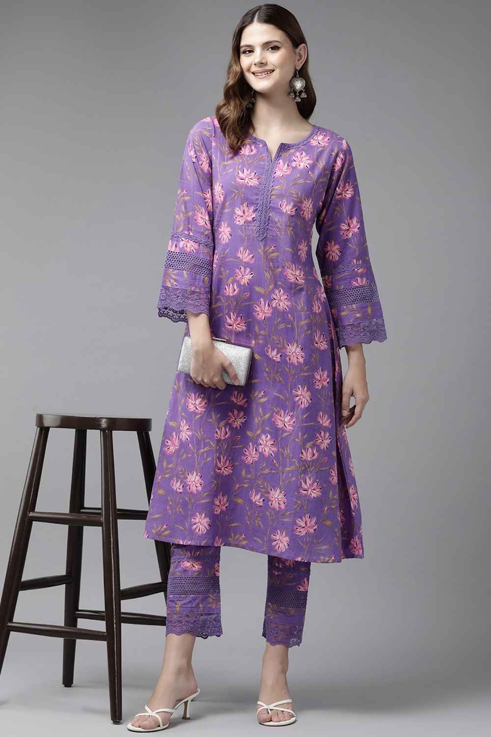 Violet Floral Print Pure Cotton Kurti Set