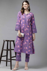 Violet Floral Print Pure Cotton Kurti Set