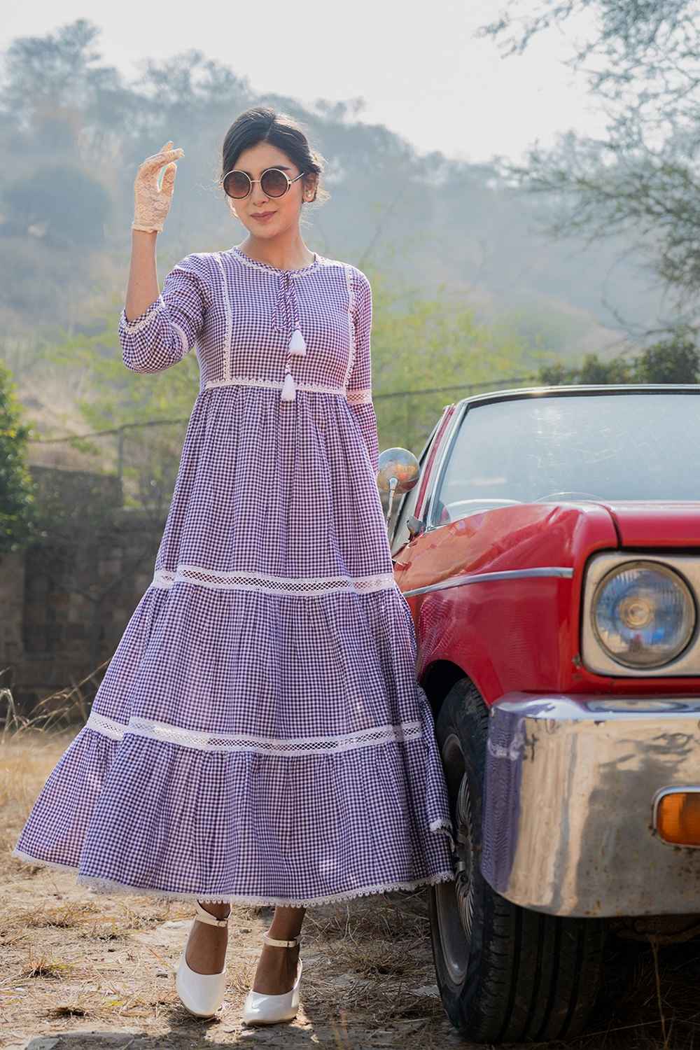 Violet Checkerd Print Pure Cotton Dress