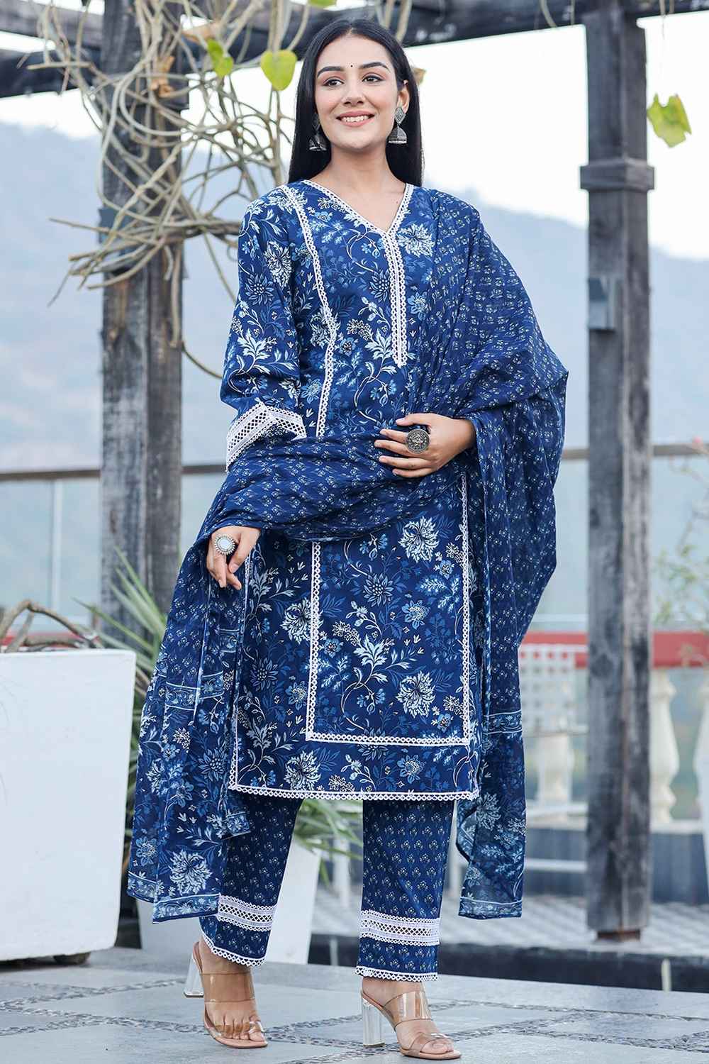 Blue Floral Print Pure Cotton Kurta Set