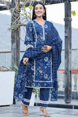 Blue Floral Print Pure Cotton Kurti Set