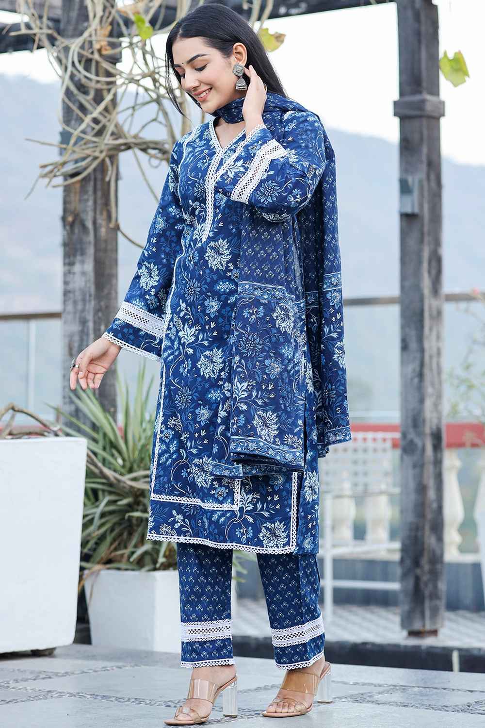 Blue Floral Print Pure Cotton Kurti Set