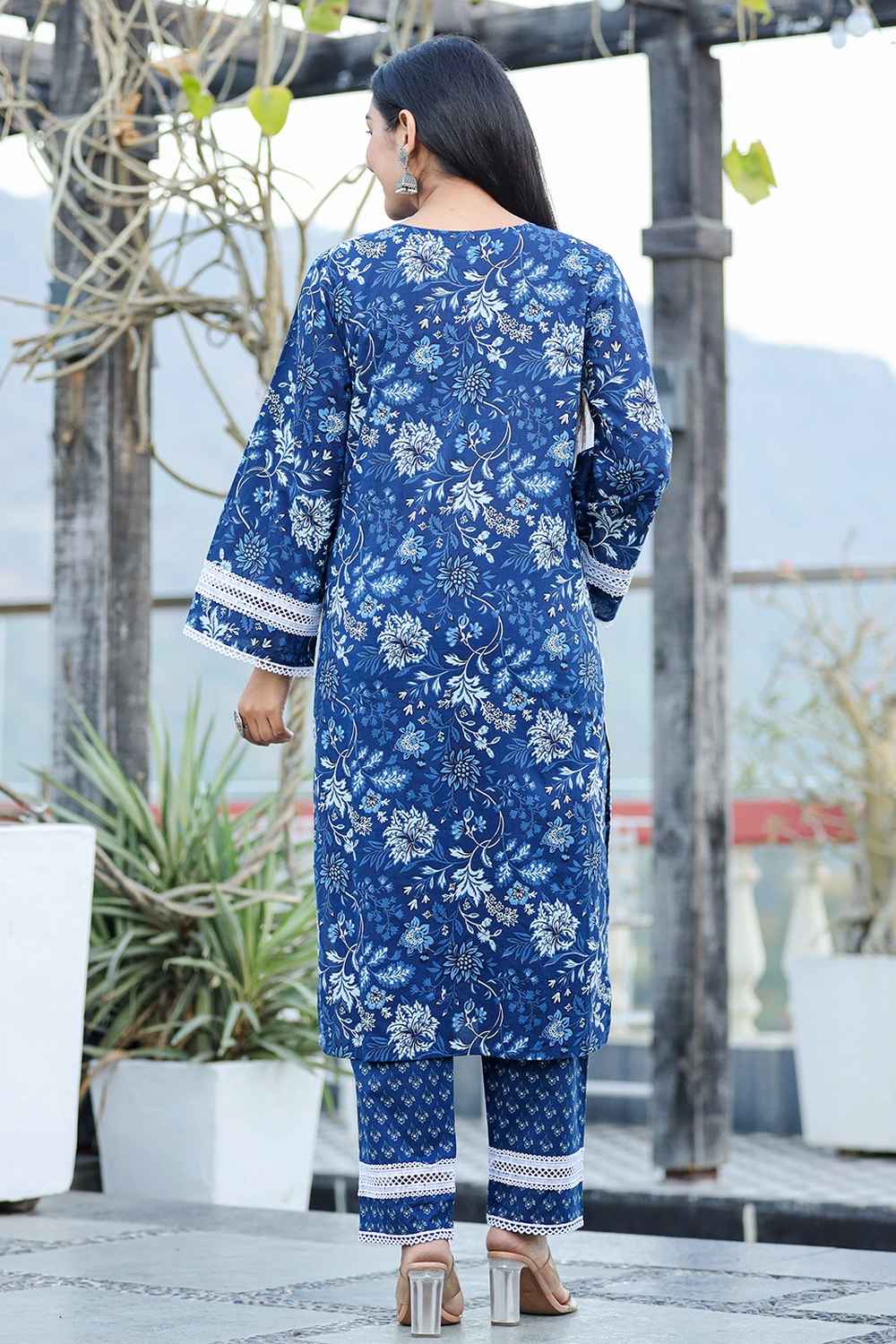 Blue Floral Print Pure Cotton Kurta Set