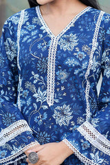 Blue Floral Print Pure Cotton Kurta Set