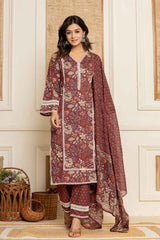 Red Floral Print Lace Work Pure Cotton Kurta Set