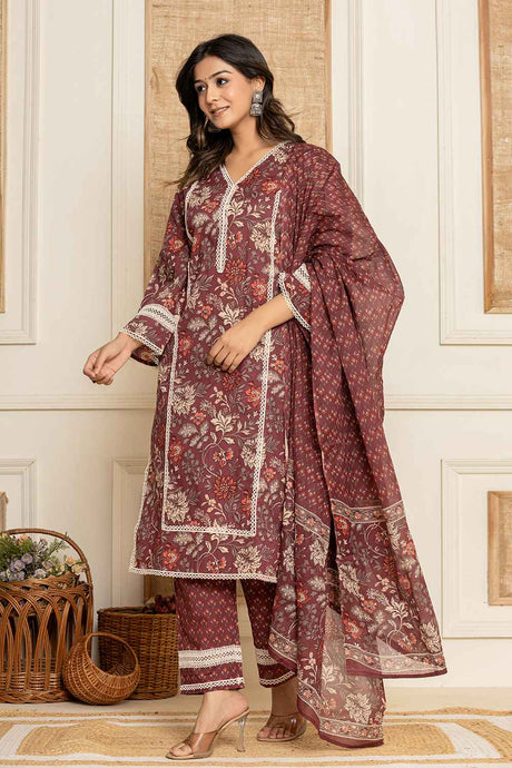 Red Floral Print Lace Work Pure Cotton Kurta Set