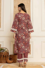 Red Floral Print Lace Work Pure Cotton Kurta Set