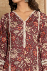 Red Floral Print Lace Work Pure Cotton Kurta Set